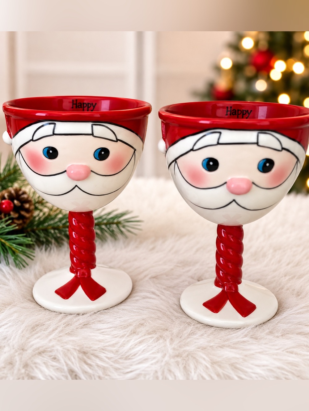 Grasslands Road Set Of Two Large Wine Goblet Glass Stemmed Santa Face Christmas